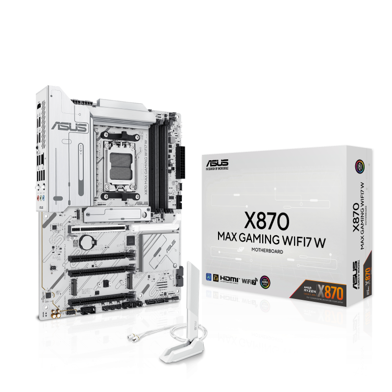 ASUS X870 MAX GAMING WIFI7 W AMD X870 AM5 DDR5 8000 HDMI 2xUSB4 3x M2 USB3.2 WiFi 7 + BT AURA RGB 5Gbit LAN ATX 12+2+1 Güç Aşamaları, Çift USB4, 3xM.2 slot, Advanced AI PC-Ready, Beyaz Tasarım